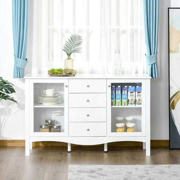 Aparador de Cozinha Armário Buffet com 2 Armários Porta de Vidro Prateleira Interior Ajustável e 4 Gavetas para Sala de Jantar Sala de Estar 136x45x85cm Branco