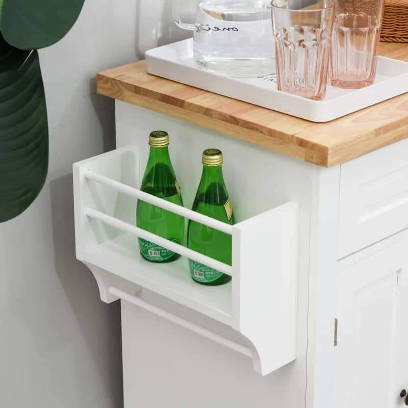 Ilha de Cozinha com Rodas Móvel Auxiliar de Cozinha com 2 Gavetas 4 Portas Suporte para Temperos e Barra Lateral 111x44,5x82,5cm Branco e Madeira