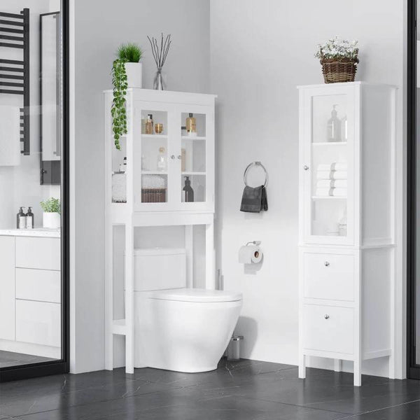 Armário alto para banheiro Armário com 1 porta de vidro prateleiras ajustáveis e 2 gavetas 43x35x160 cm Branco