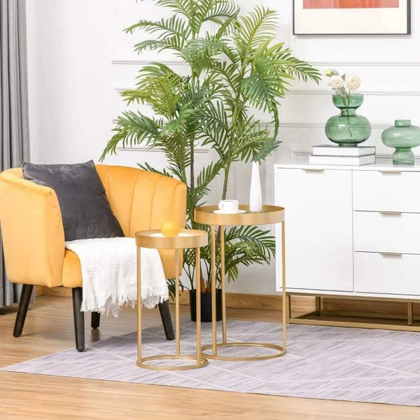Conjunto de 2 mesas de centro modernas empilháveis Estrutura metálica dourada Ø39x63 cm e Ø30.8x56 cm Parte superior preta e branca