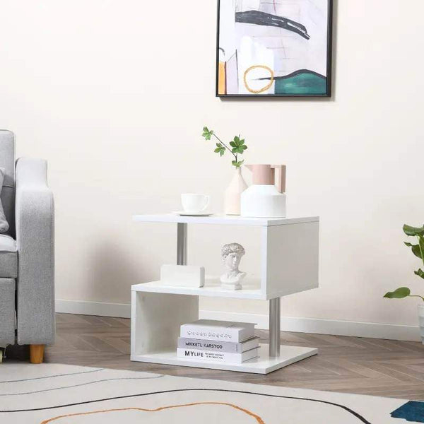 Mesa de Centro Mesa Auxiliar de Sala de Estar com Forma de S Compartimentos Abertos 2 Níveis Desenho Elegante 50x50x50cm Branco