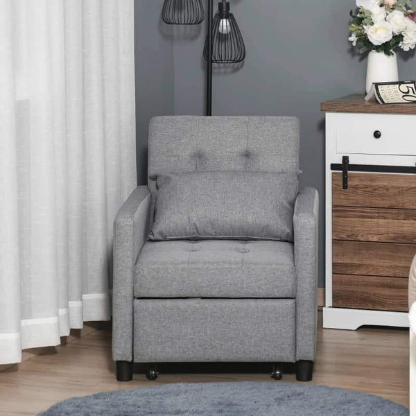 Sofá-cama Individual Poltrona com encosto reclinável Almofada removível Assento acolchoado e 4 rodas 69x77x84 cm Cinza