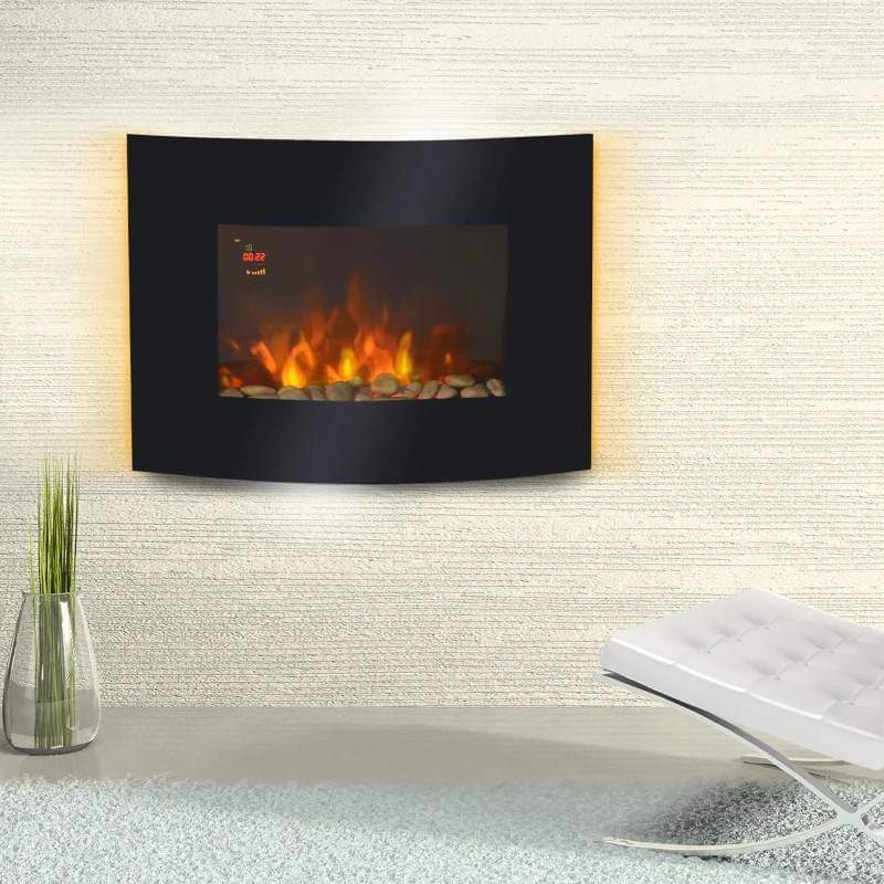 Lareira Elétrica de Parede com Efeito de Chamas Realistas e Luzes LED em 7 Cores com Controlo Remoto Potência 900W/1800W 65x11,4x52cm Preto