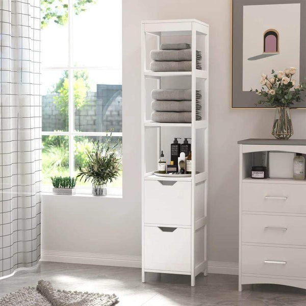 Armário de banheiro alto Multiuso Armário da coluna 3 prateleiras abertas e 2 gavetas de armazenamento 30x30x144 cm Branco
