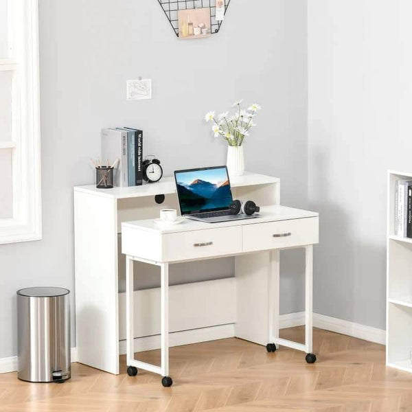 Conjunto de 2 mesas secretária para escritório com rodas 2 gavetas 100x36x88 cm Branco