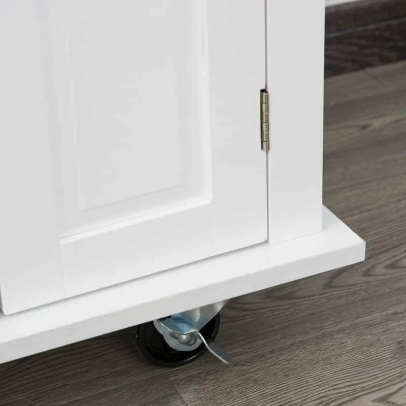 Ilha de Cozinha com Rodas Móvel Auxiliar de Cozinha com 2 Gavetas 4 Portas Suporte para Temperos e Barra Lateral 111x44,5x82,5cm Branco e Madeira