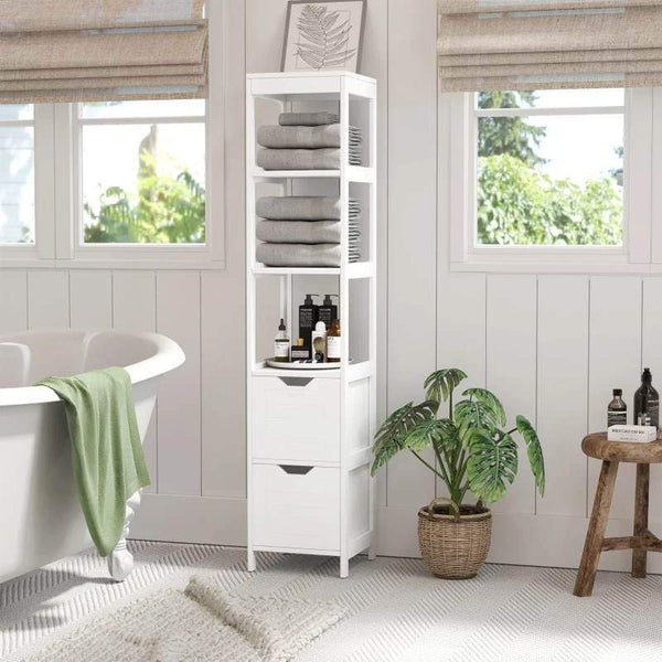 Armário de banheiro alto Multiuso Armário da coluna 3 prateleiras abertas e 2 gavetas de armazenamento 30x30x144 cm Branco