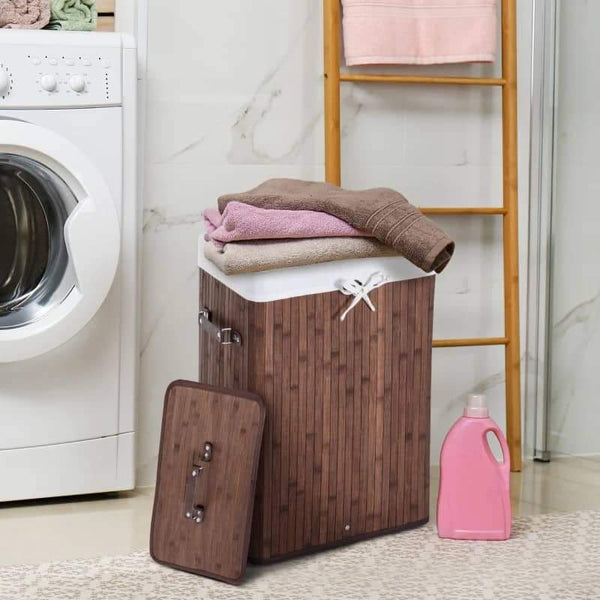 Cesto de Roupa de Bambu Dobrável Cesto para Roupa Suja 70L com Tampa e Bolsa Amovível para Lavandaria Casa de Banho 40x30x60 cm Marrom