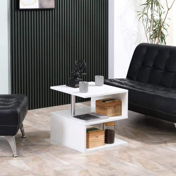 Mesa de Centro Mesa Auxiliar de Sala de Estar com Forma de S Compartimentos Abertos 2 Níveis Desenho Elegante 50x50x50cm Branco