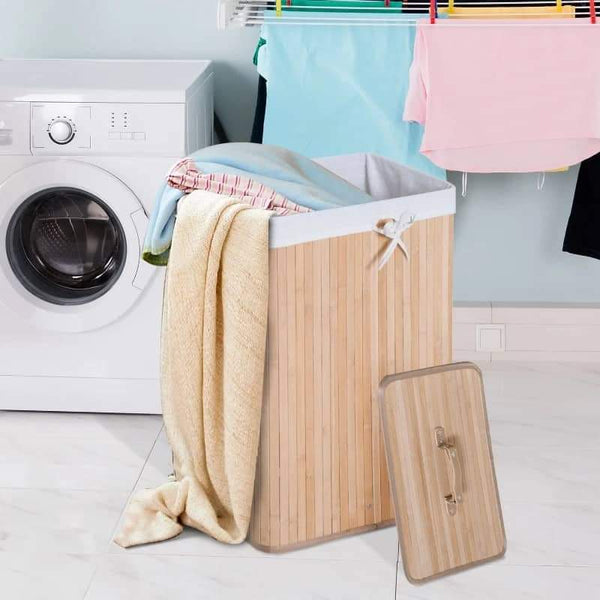 Cesto de Roupa de Bambu Dobrável Cesto para Roupa Suja com Tampa e Bolsa Amovível para Lavandaria Casa de Banho 40x30x60 cm Bambu