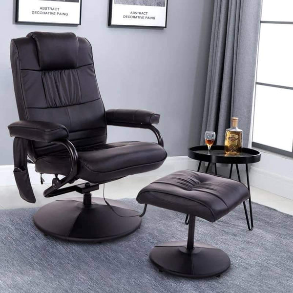 Poltrona de Massagem Elétrica com Banco para Apoiar os Pés Poltrona Relax Giratório Reclinável em até 145° com Controle Remoto e 10 Zonas de Massagem Estofado em PU 77x84x95cm Preto