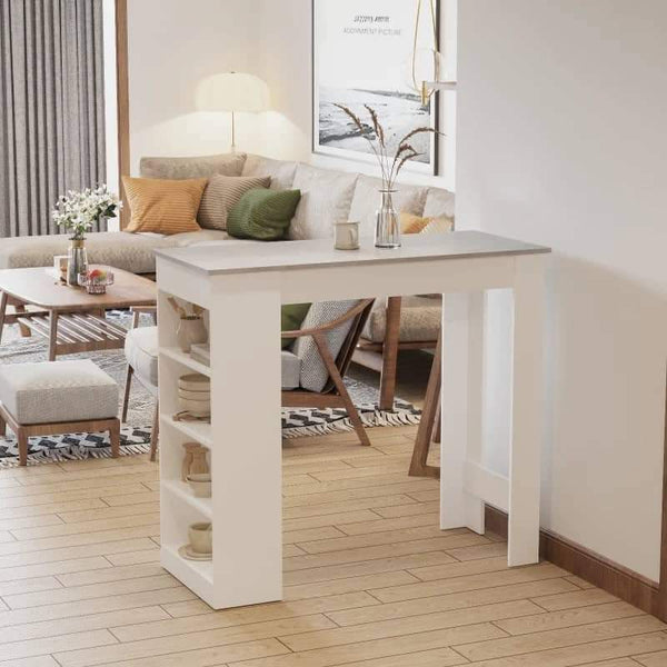 Mesa de Bar Mesa Alta Tipo Bistrô de Cozinha com Prateleiras Estilo Moderno de Melamina para Sala de Jantar Sala de Estar 115x50x102,7cm Branco e Cinza