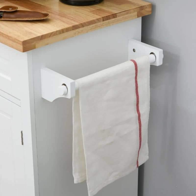 Ilha de Cozinha com Rodas Móvel Auxiliar de Cozinha com 2 Gavetas 4 Portas Suporte para Temperos e Barra Lateral 111x44,5x82,5cm Branco e Madeira