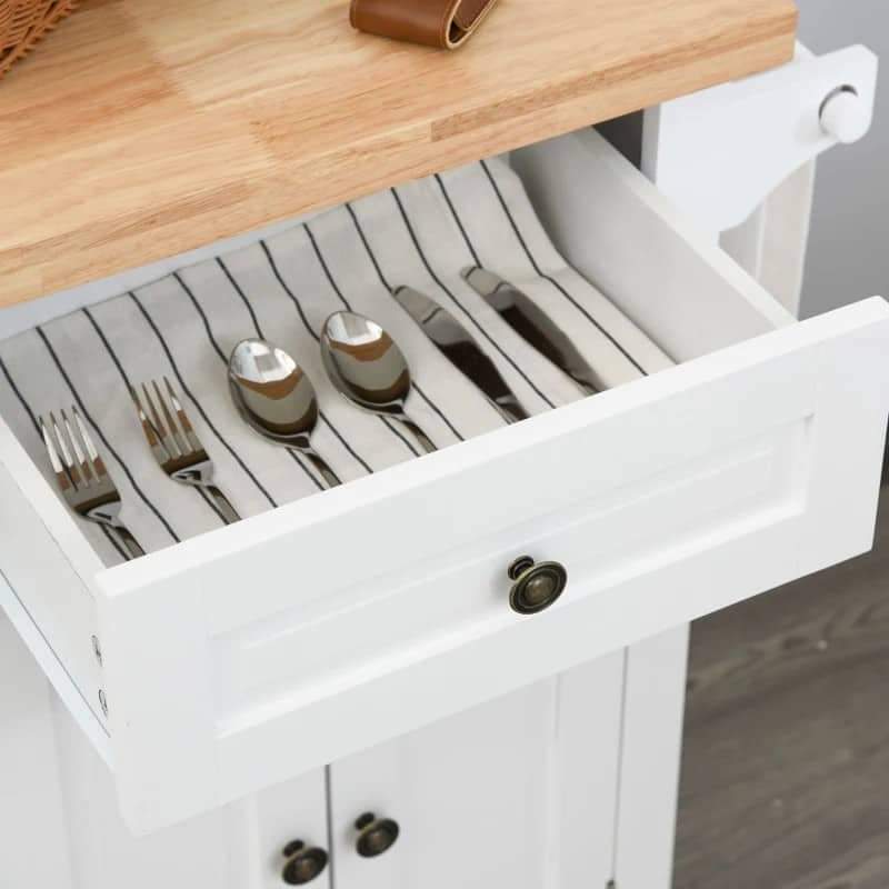 Ilha de Cozinha com Rodas Móvel Auxiliar de Cozinha com 2 Gavetas 4 Portas Suporte para Temperos e Barra Lateral 111x44,5x82,5cm Branco e Madeira