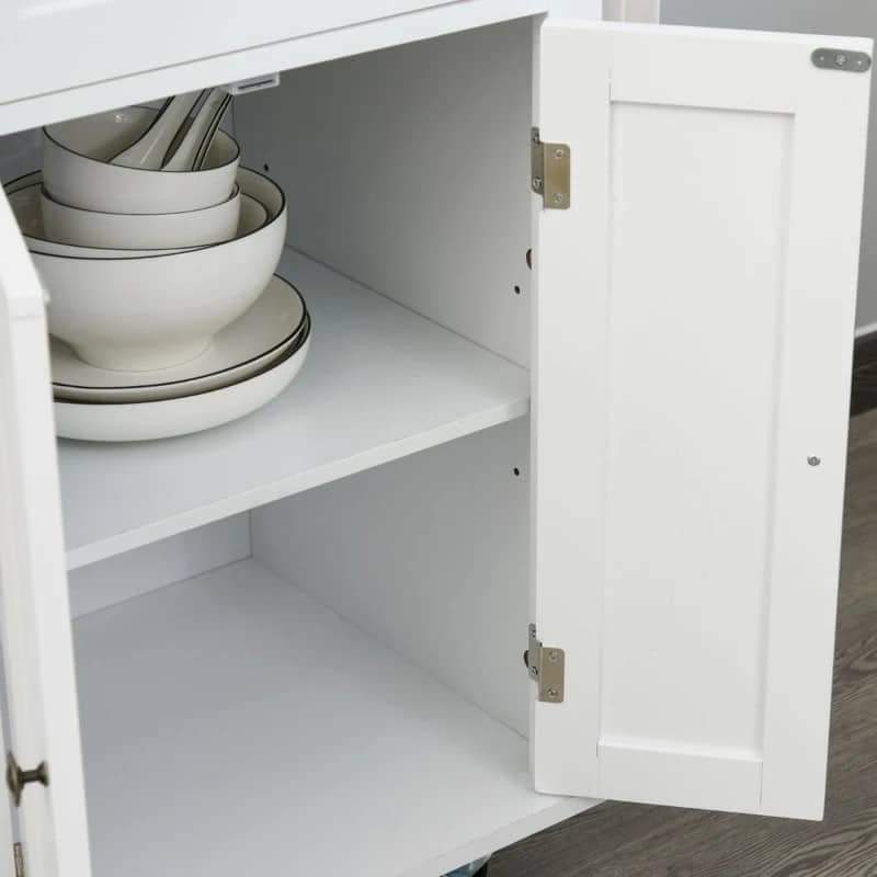 Ilha de Cozinha com Rodas Móvel Auxiliar de Cozinha com 2 Gavetas 4 Portas Suporte para Temperos e Barra Lateral 111x44,5x82,5cm Branco e Madeira