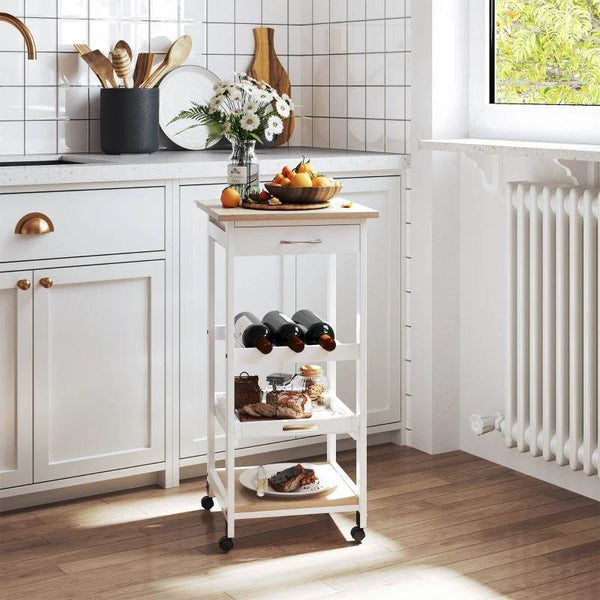 Carrinho de cozinha Carrinho de serviço de 4 níveis com rodas giratórias Gaveta Prateleiras Garrafeira Armazenamento De Cozinha Sala de estar Sala de jantar 37x37x76 cm Branco