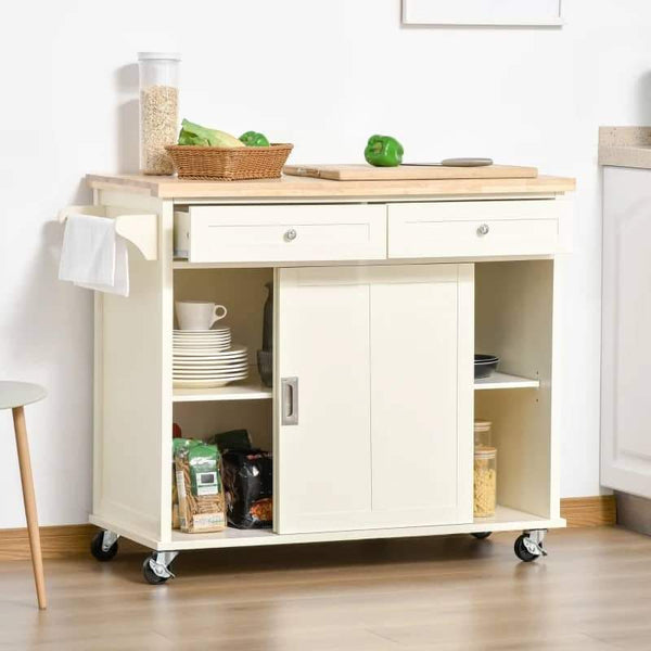 Carrinho de Cozinha com 2 Armários Porta Corredeira 2 Gavetas e Barra para Panos Móvel Aparador com Rodas para Sala de Jantar 110x49,5x89,5cm Creme