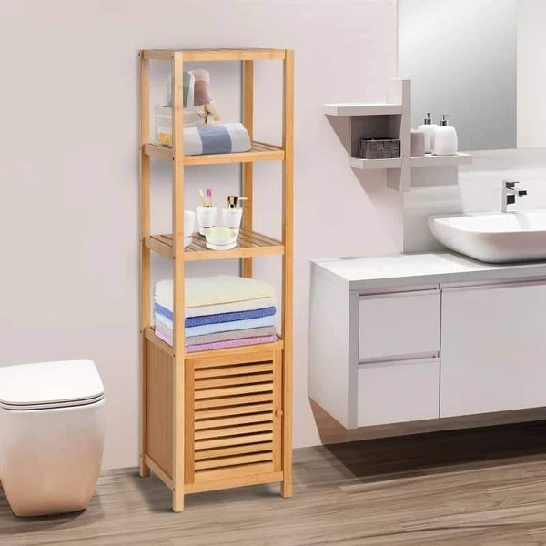Estantes de bambu para o banheiro Armário alto Livraria Organizador 4 Níveis 1 Porta 36x33x140cm