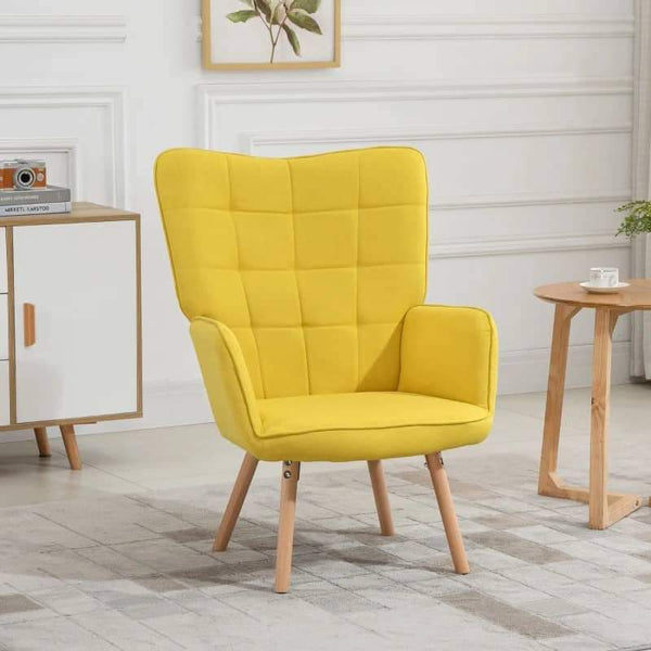Poltrona de Sala de Estar Moderna Poltrona com Encosto Alto Apoio para os Braços Tecido de Linho e Pés de Madeira de Haya para Sala de Jantar Cozinha 71x76x101cm Amarelo