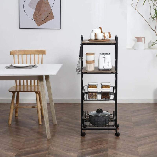 Carro de Cozinha com Rodas Carrinho Auxiliar de Armazenamento com 2 Prateleiras 2 Cestas Removíveis 4 Ganchos 40x38x111cm Nogueira e Preto