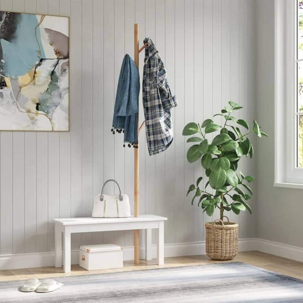 Cabide de Pé com Banco Pendurador Tipo Árvore Moderno 6 Ganchos para Pendurar Roupa Malas Corredor Entrada Bambu e MDF 80x30x180cm