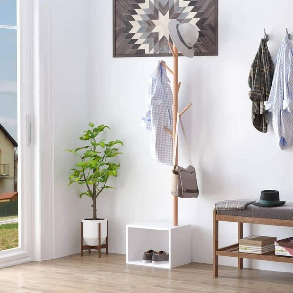 Cabide de Pé com Sapateira Cabide Tipo Árvore Moderno 6 Ganchos para Pendurar Roupa Malas Banco com Arrumação Corredor de Entrada Bambu 40x30x180cm