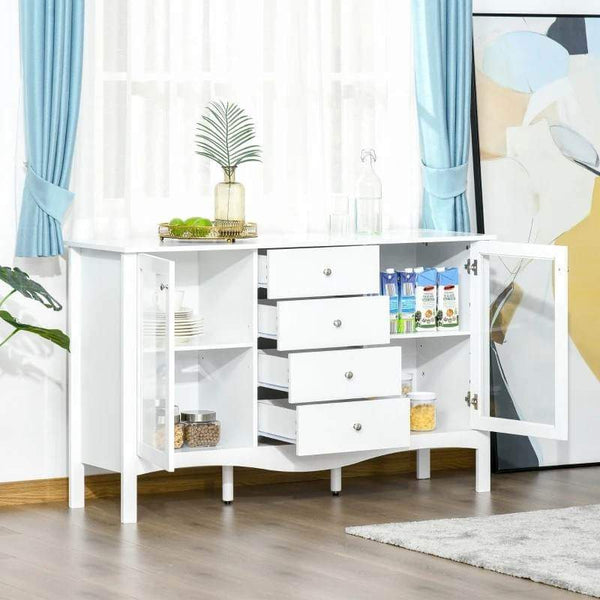 Aparador de Cozinha Armário Buffet com 2 Armários Porta de Vidro Prateleira Interior Ajustável e 4 Gavetas para Sala de Jantar Sala de Estar 136x45x85cm Branco