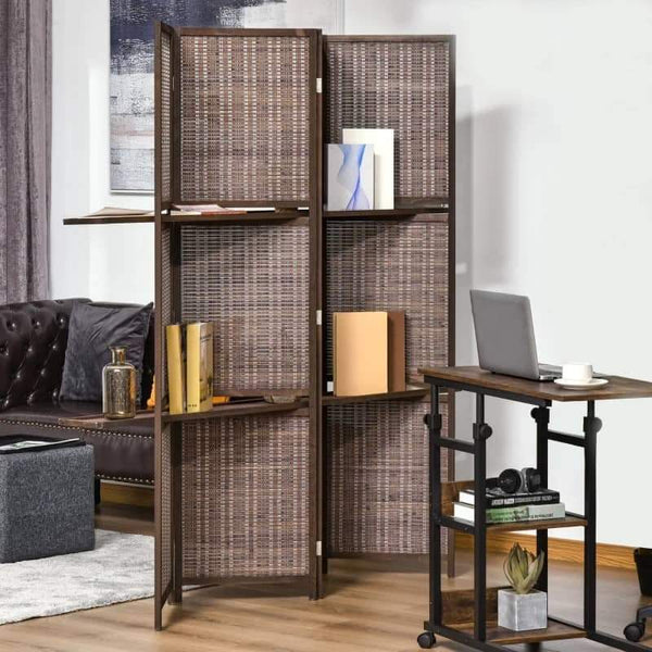 Biombo de 4 Painéis de Bambu Separador de Ambientes Dobrável com 2 Prateleiras Removíveis para Dormitório 180x180cm Marrom