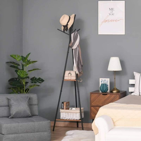 Cabide de Pé Metálico com 6 Ganchos e Prateleiras Cabide de Pé em Forma de Árvore para Dormitório Cabide de Pé para Pendurar Roupas Bolsas Chapéus 46x52x182 cm Preto e Madeira