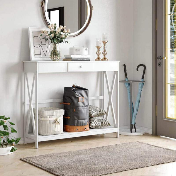 Mesa Consola Clássica com 1 Gaveta e 1 Prateleira de Armazenamento para a Entrada Mesa Auxiliar Sala de Estar Estilo Elegante 100x30x81cm Branco