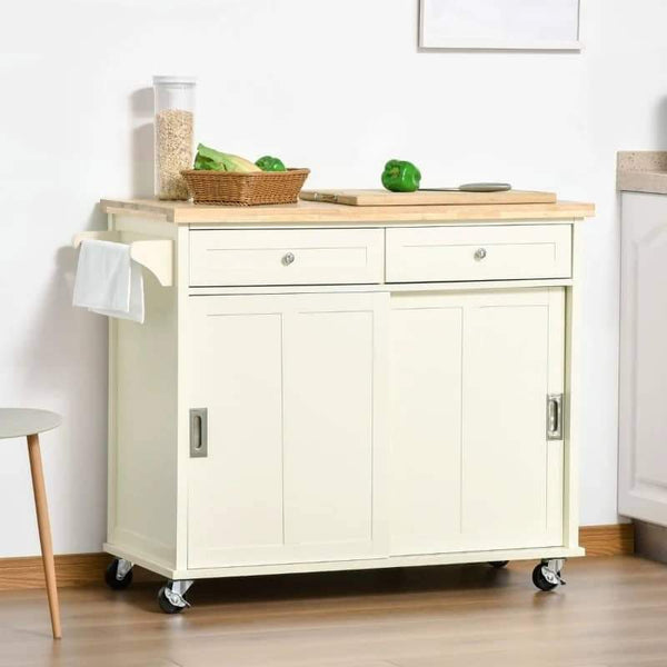 Carrinho de Cozinha com 2 Armários Porta Corredeira 2 Gavetas e Barra para Panos Móvel Aparador com Rodas para Sala de Jantar 110x49,5x89,5cm Creme