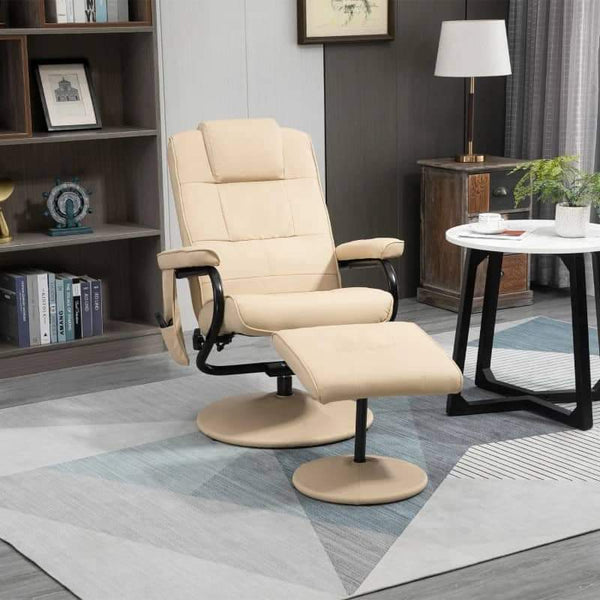 Poltrona de Massagem Elétrica com Banco para Apoiar os Pés Poltrona Relax Giratório Reclinável em até 145° com Controle Remoto e 10 Zonas de Massagem Estofado em PU 77x84x95cm Bege