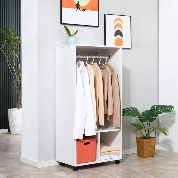 Roupeiro de Madeira Móvel Armário Roupeiro Aberto com Barra para Pendurar e Prateleiras Organizadoras para Dormitório 60x40x128cm Branco