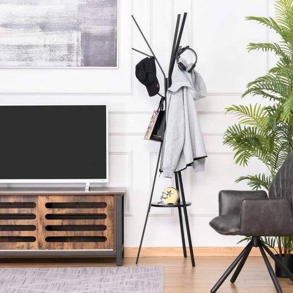 Cabide de Pé Metálico para Pendurar Roupa Bolsas com 9 Ganchos e Prateleira Cabide de Pé Moderno 45x45x180 cm Preto