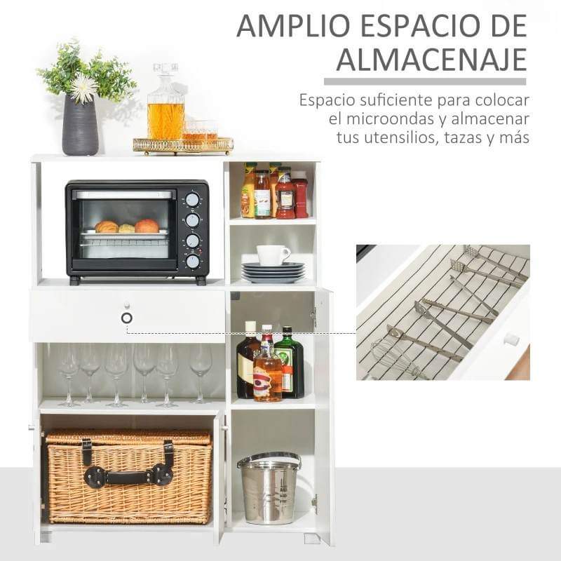 Aparador Auxiliar para Microondas Buffet de Cozinha com 2 Armários com Portas 1 Gaveta e Prateleiras de Armazenamento 90x40x120cm Branco