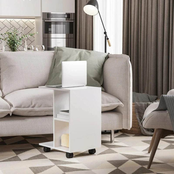 Mesa Auxiliar Moderna Mesa Auxiliar em Forma de C com Rodas e Prateleiras Abertas para Sala de Estar Dormitório 45x35x58 cm Branco