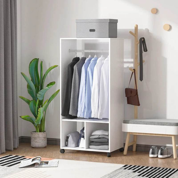 Roupeiro de Madeira Móvel Armário Roupeiro Aberto com Barra para Pendurar e Prateleiras Organizadoras para Dormitório 60x40x128cm Branco