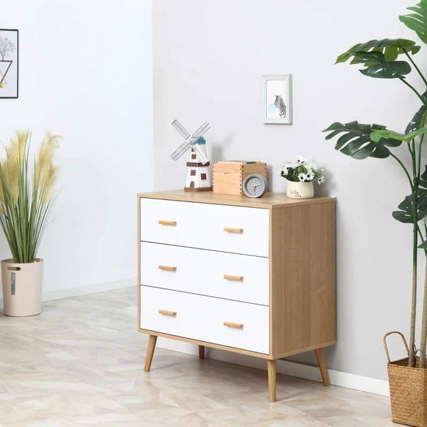 Cómoda de Madeira com 3 Gavetas Armário Auxiliar de Armazenamento Moderna com Pés Elevados para Dormitório Sala de Estar 80x39x80cm Branco e Madeira Natural