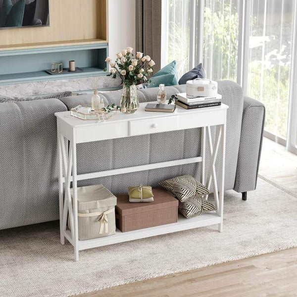 Mesa Consola Clássica com 1 Gaveta e 1 Prateleira de Armazenamento para a Entrada Mesa Auxiliar Sala de Estar Estilo Elegante 100x30x81cm Branco