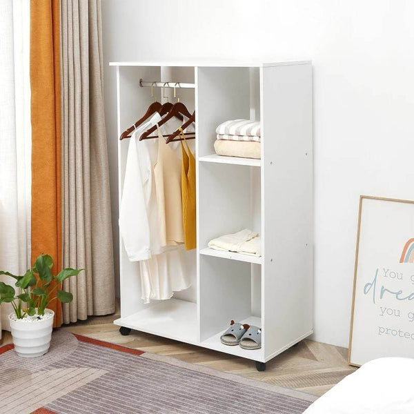 Roupeiro de Madeira Móvel Armário Roupeiro Aberto com Barra para Pendurar e 3 Prateleiras Organizadoras para Dormitório 80x40x128cm Branco