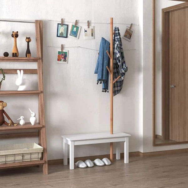 Cabide de Pé com Banco Pendurador Tipo Árvore Moderno 6 Ganchos para Pendurar Roupa Malas Corredor Entrada Bambu e MDF 80x30x180cm