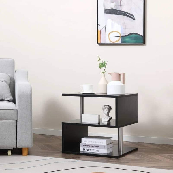 Mesa de Centro Mesa Auxiliar de Sala de Estar com Forma de S Compartimentos Abertos 2 Níveis Desenho Elegante 50x50x50cm Preto