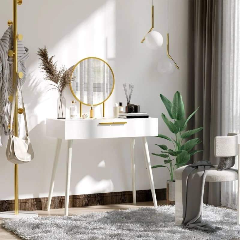 Toucador com Espelho Redondo Mesa de Maquilhagem com 2 Gavetas Estilo Moderno para Dormitório 80x40x123cm Branco