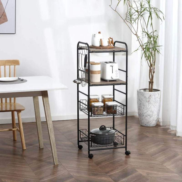 Carro de Cozinha com Rodas Carrinho Auxiliar de Armazenamento com 2 Prateleiras 2 Cestas Removíveis 4 Ganchos 40x38x111cm Nogueira e Preto