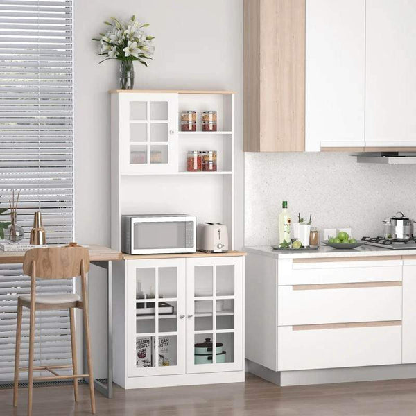 Armário de Cozinha com Prateleiras e Portas de Vidro Armário Alto de Cozinha para Pequenos Eletrodomésticos e Louças 80x37x183 cm Branco