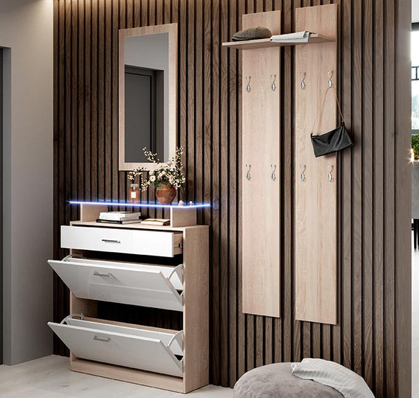 Conjunto de Entrada com Sapateira, Espelho e Cabide HYGGE para Hall de Entrada - Branco/Carvalho Sonoma - Design Nórdico