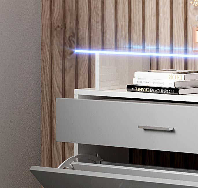 Sapateira Palm com Prateleira em Vidro e Luz LED - Branco/Cinzento Brilhante - Design Moderno