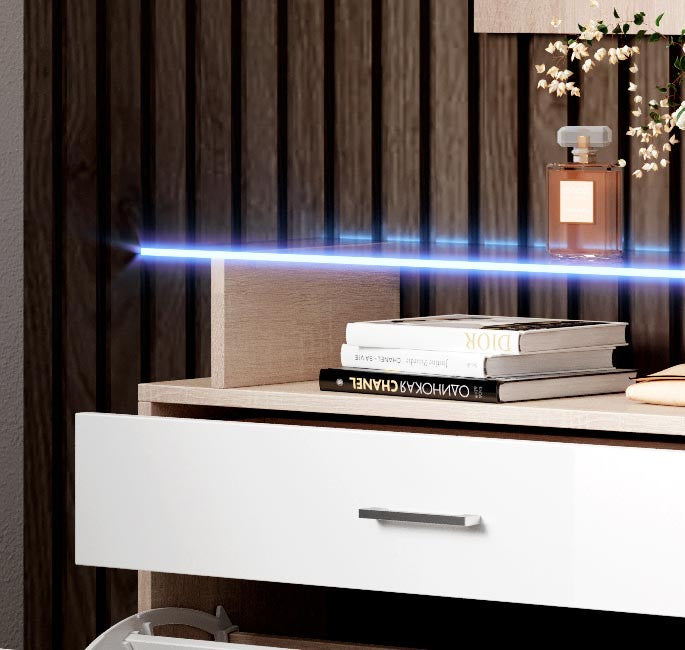 Sapateira Palm com Prateleira em Vidro e Luz LED - Carvalho/Branco - Design Moderno