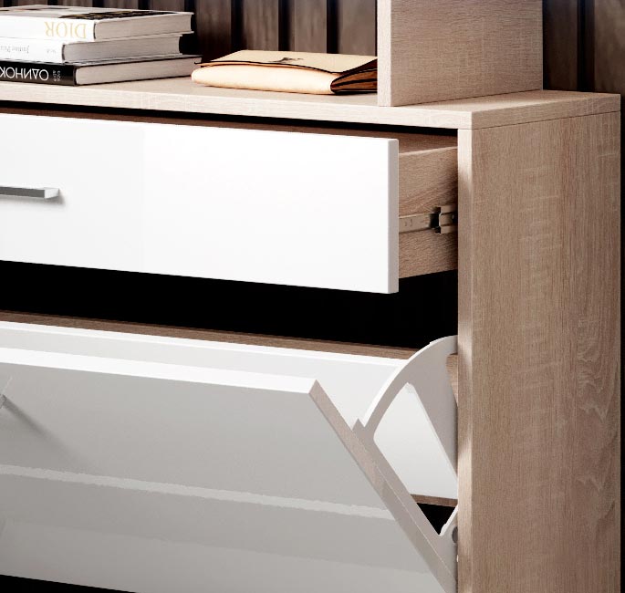 Conjunto de Entrada com Sapateira, Espelho e Cabide HYGGE para Hall de Entrada - Branco/Carvalho Sonoma - Design Nórdico