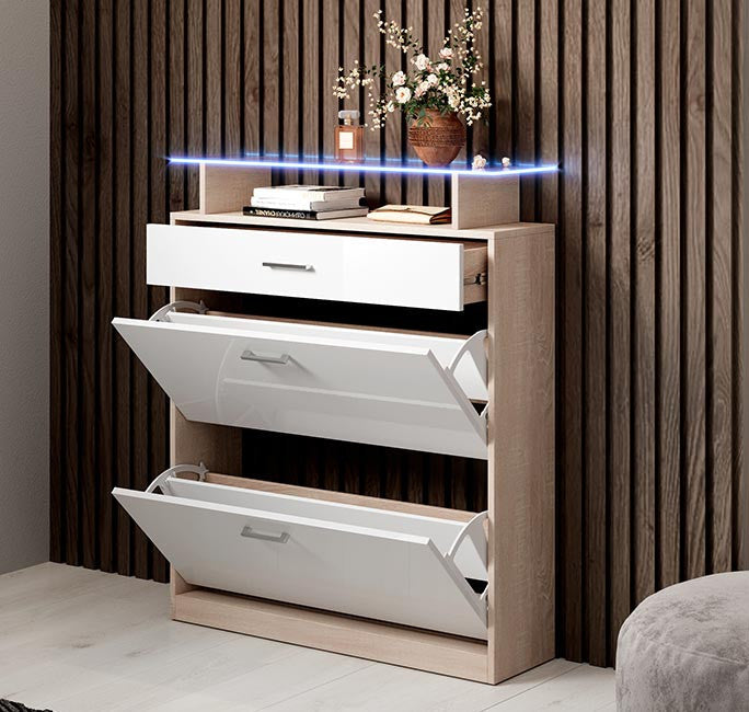 Sapateira Palm com Prateleira em Vidro e Luz LED - Carvalho/Branco - Design Moderno
